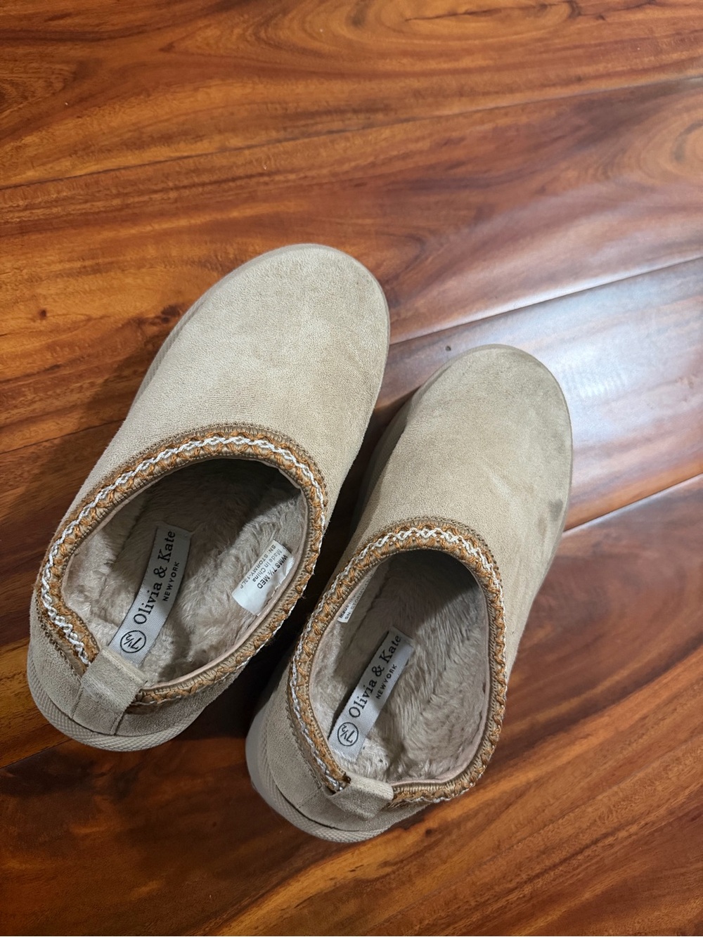 Olivia & Kate Taupe Faux Suede Fur-Lined Clog Slippers Size 7.5
